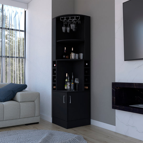 English Elm Corner Bar Cabinet Atanasio Black with Glass Rack, 8 Wine Cubbies & Double Storage for Living Room B092S00012