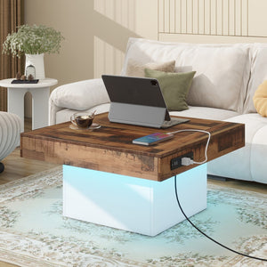 English Elm 31.4'' X 31.4'' Farmhouse Coffee Table With 2 Usb Ports and Outlets, Brown Spliced Wood Grain Center Table With Led Light, Rustic Cocktail Table With Charging Station For Living Room, White