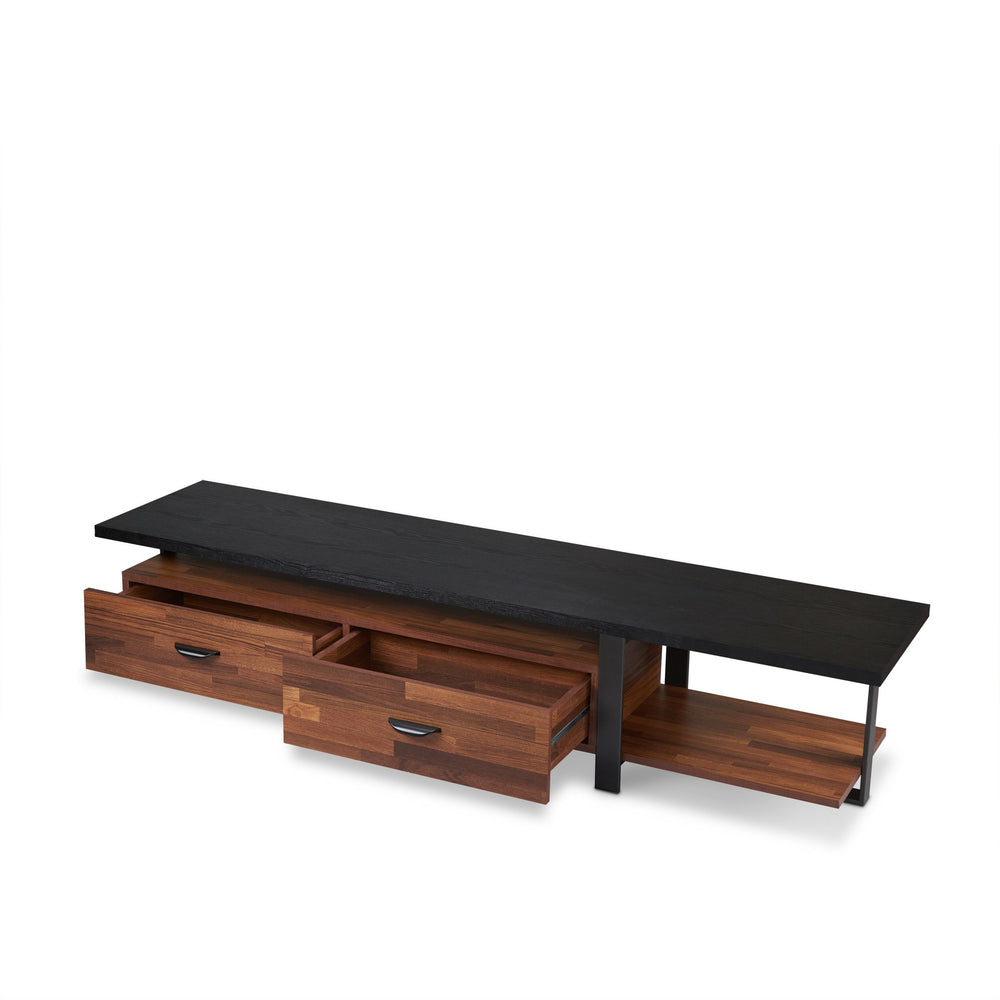 English Elm Walnut 2-Drawer TV Stand 67" with Shelf & Open Compartments, Metal Black Frame, Durable Powder Coat B062P215423