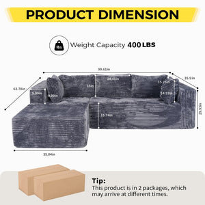 English Elm 100" Corduroy L-shaped Sectional with Deep Foam Seats Modular Living Room Couch T5880S00006