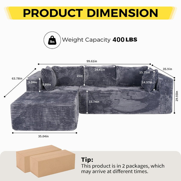 English Elm 100" Corduroy L-shaped Sectional with Deep Foam Seats Modular Living Room Couch T5880S00006