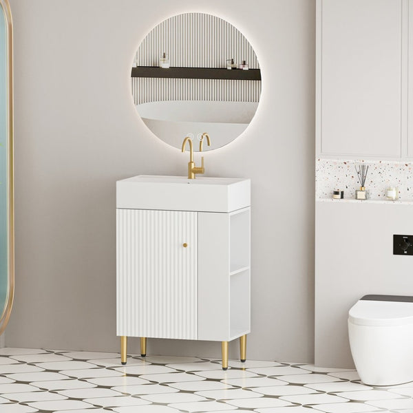 English Elm 21.6" Bathroom Vanity with Ceramic Sink Open Shelving Soft Close Cabinet White W1573S00022