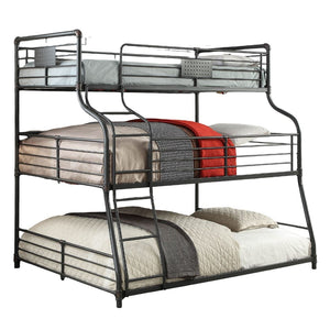 English Elm Twin Over Full Over Queen Industrial Bunk Bed - Metal Frame, Antique Black Finish & Curved Ladder B2741S00350-GIGA