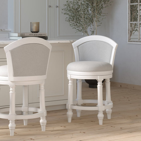 English Elm 26" Farmhouse Barrel Back Swivel Counterstool Upholstered Wood Frame Kitchen Island Seating White B2751P436470