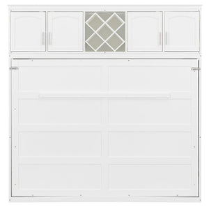 English Elm Queen Murphy Wall Bed with Storage Cabinets and Wine Rack for Small Space Living White LP000879AAK-1