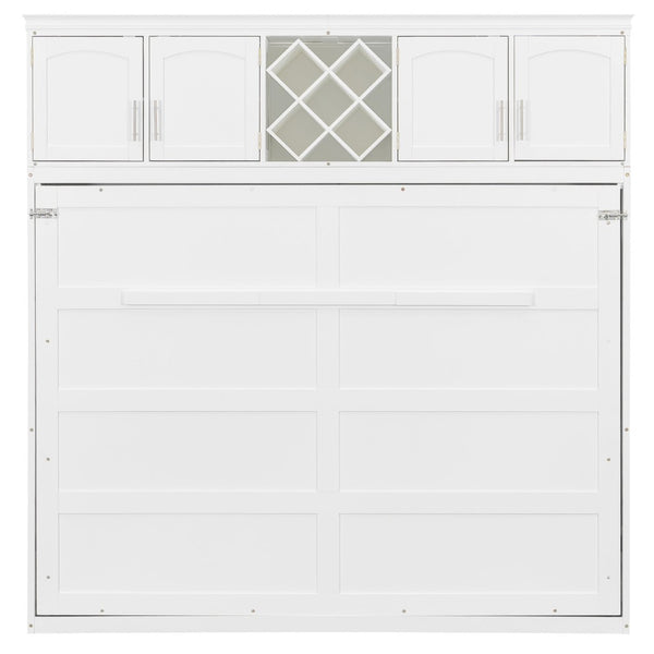 English Elm Queen Murphy Wall Bed with Storage Cabinets and Wine Rack for Small Space Living White LP000879AAK-1