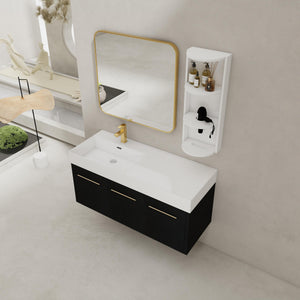 English Elm 48 Inch Wall-Mounted Bathroom Vanity Set With Left Basin Sink, Storage Rack & Soft-Close Hinges W999S00371