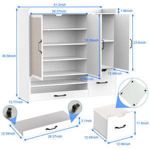 English Elm Multi-functional Shoe Cabinet with Adjustable Shelves, Stool & Retractable Toe-Kick Drawer, White Storage Organizer with Sturdy Top for Entryway and Hallway W3383P361254