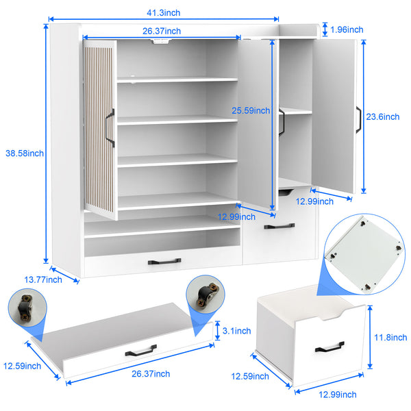 English Elm Multi-functional Shoe Cabinet with Adjustable Shelves, Stool & Retractable Toe-Kick Drawer, White Storage Organizer with Sturdy Top for Entryway and Hallway W3383P361254