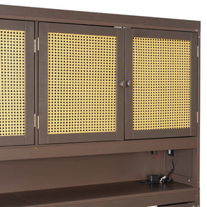 English Elm Twin Murphy Bed with Rattan Cabinet Doors Led Lighting and Usb Charging for Small Spaces Espresso LP000740AAP