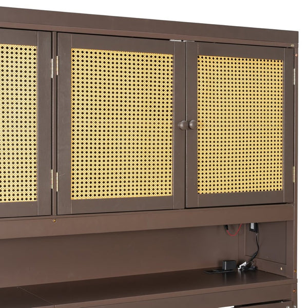 English Elm Twin Murphy Bed with Rattan Cabinet Doors Led Lighting and Usb Charging for Small Spaces Espresso LP000740AAP