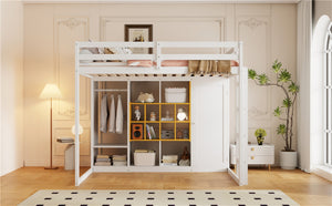 English Elm Twin Loft Bed with Wardrobe Shelves and Cabinet Kids Bedroom Wood Storage Frame Yellow+White N708S00024K