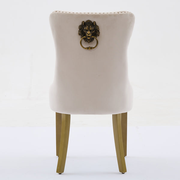 English Elm Mid-Century Tufted Velvet Dining Chair with Lion Head Pull Ring, Gold Legs, Nailhead Trim, Luxurious Support Beige W1143P233644
