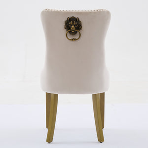 English Elm Mid-Century Lion Head Pull Ring Velvet Dining Chair with Tufted Cushion, Gold Wood Legs, Nailhead Trim Beige W1143P233644