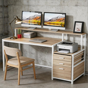 English Elm Sturdy Two-tier Computer Desk with File Cabinet and Monitor Riser for Home Office Natural,White T3971P450935