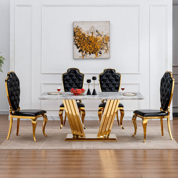 English Elm Marble Dining Table For 6 – Modern Faux Marble Kitchen Table With Chrome Base, Stylish & Durable Design W3456S00020