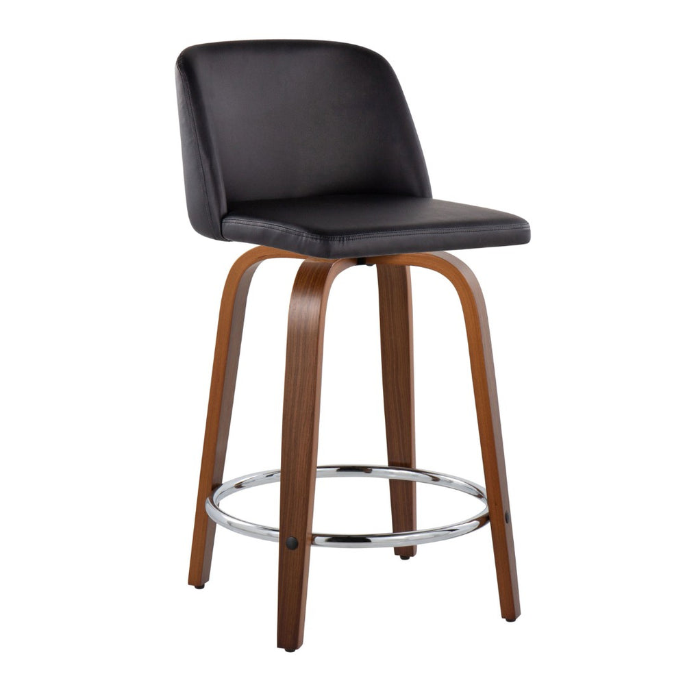 English Elm Toriano 24" Mid-Century Modern Counter Stool Set Of 2 With Swivel, Walnut Wood & Black Faux Leather B202S00131-GIGA