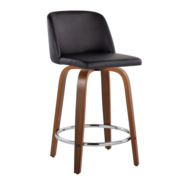 English Elm Toriano 24" Mid-Century Modern Counter Stool Set Of 2 With Swivel, Walnut Wood & Black Faux Leather B202S00131-GIGA