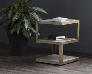 Sunpan Rubix End Table - Modern Tiered Side Table with Unique Concrete Design and Antique Brass Frame