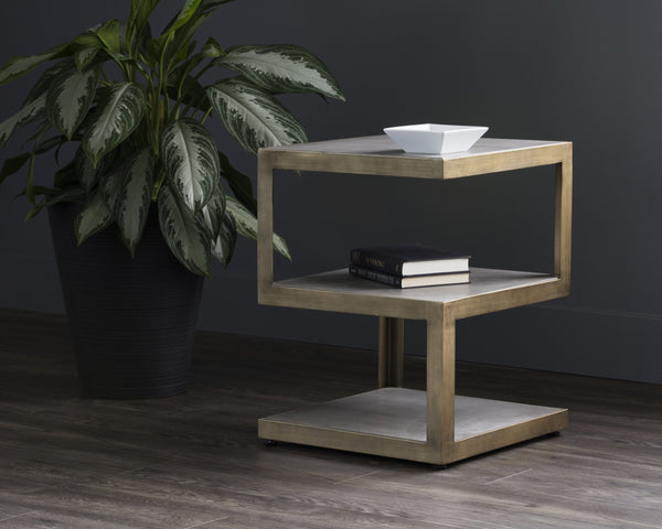 Sunpan Rubix End Table - Modern Tiered Side Table with Unique Concrete Design and Antique Brass Frame