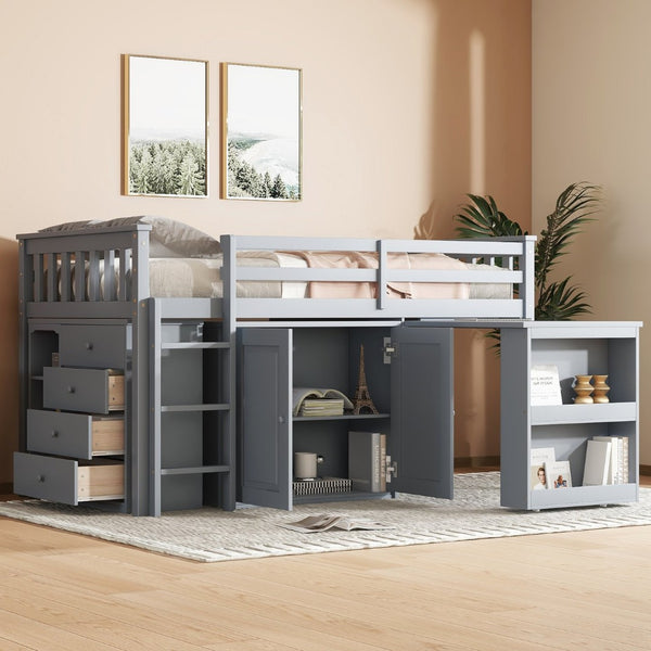 English Elm Twin Loft Bed With Pull-Out Desk And Storage, Solid Rubberwood Design For Kids' Rooms In Grey W504S00209-GIGA