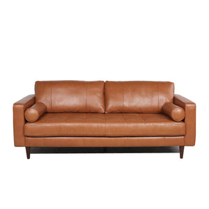 English Elm Mid-Century Tufted Leather Sofa with Brushed Rose Gold Legs, High-Resilience Foam & Durable Coil Support Cognac B193P200155