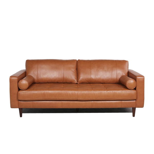 English Elm Mid-Century Tufted Leather Sofa with Brushed Rose Gold Legs, High-Resilience Foam & Durable Coil Support Cognac B193P200155