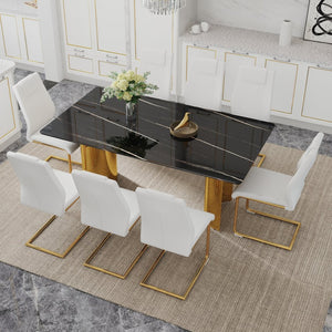 English Elm Table And 8 Chairs Set - Elegant Glass Top With Imitation Marble & Gold Stainless Steel Legs W1151S04327-GIGA
