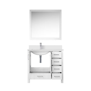 English Elm White Bath Vanity Set With Left Offset Quartz Top, Chrome Faucet, And 34-Inch Matching Mirror B2731S01258-GIGA