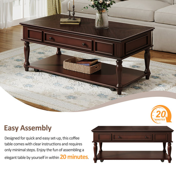 English Elm Farmhouse Retro Coffee Table with Lockable Wheels, One Drawer & Lower Shelf, Solid Wood Legs, Durable Finish Espresso N721P307935P