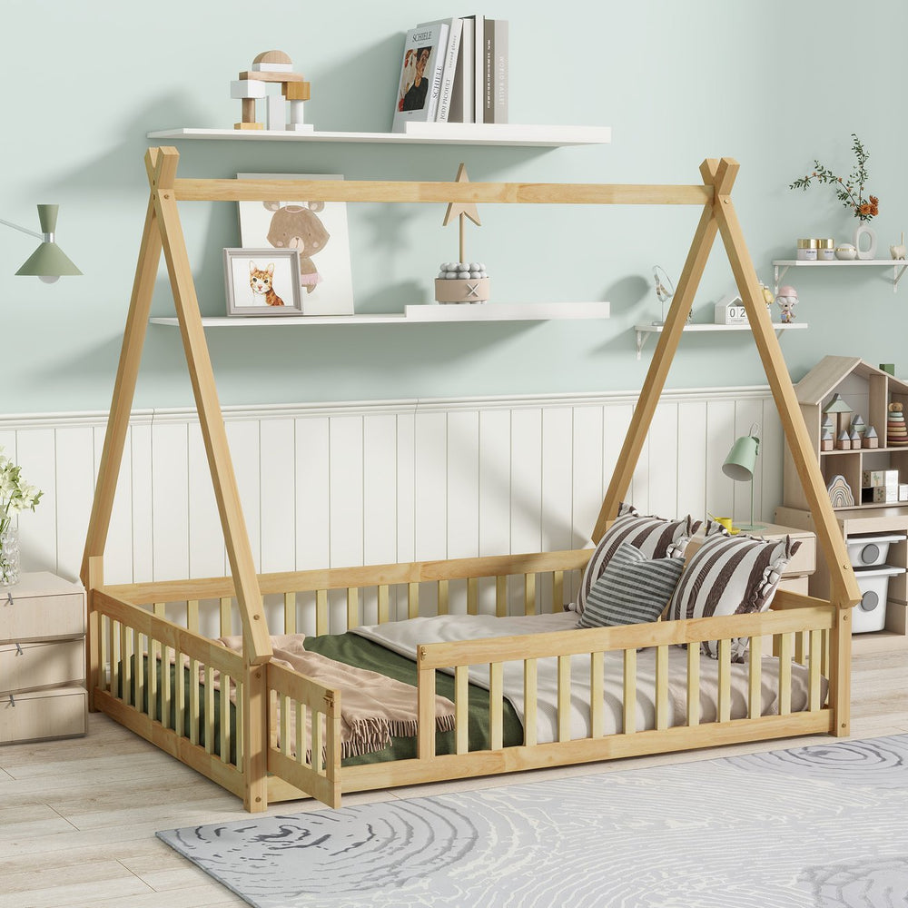 English Elm Full Size Rubber Wood Tent-Shaped Floor Bed With Guardrails & Door - Cozy, Modern Retreat For Kids W504P345788