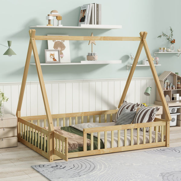 English Elm Full Size Rubber Wood Tent-Shaped Floor Bed With Guardrails & Door - Cozy, Modern Retreat For Kids W504P345788
