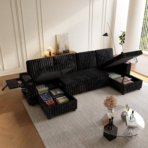 English Elm U Shaped Corduroy Sleeper Sectional with Storage Chaise and Pull Out Bed for Living Room W1825P357560