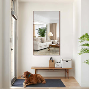 English Elm 60*36" Oversized Modern Rectangle Bathroom Mirror with Walnut Aluminum Frame Removable Tray, Versatile Wall or Floor Mount, HD Reflection and Durable Design W708P297589