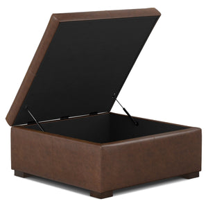 English Elm Gabbie Square Storage Ottoman Coffee Table - Chic Distressed Chestnut Leather, Versatile & Durable Design B136P252674