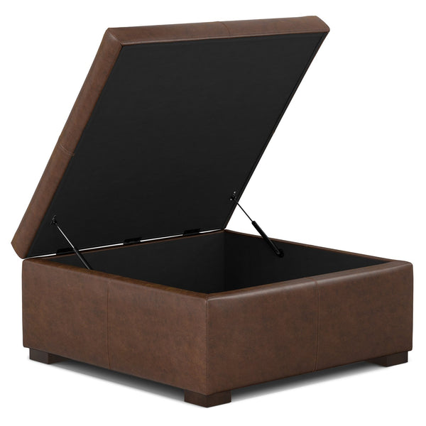 English Elm Gabbie Square Storage Ottoman Coffee Table - Chic Distressed Chestnut Leather, Versatile & Durable Design B136P252674