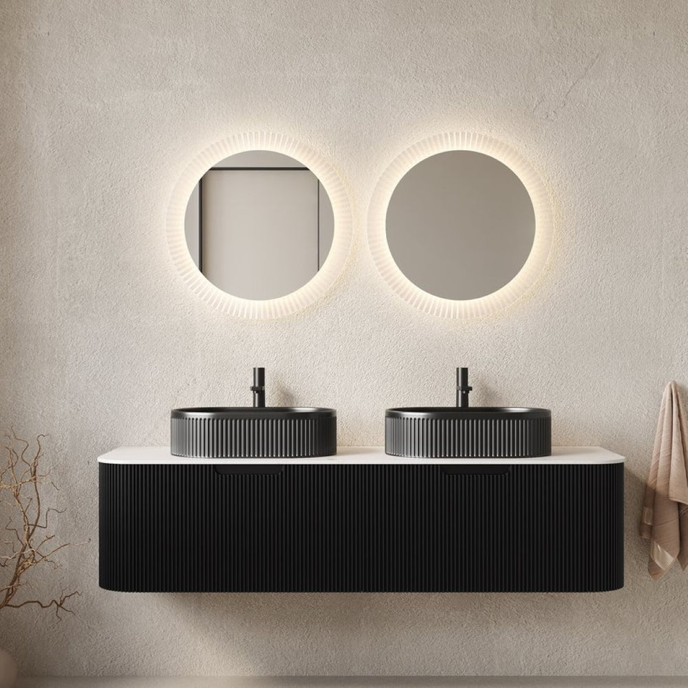 English Elm Dina 60 Inch Floating Bathroom Vanity Sintered Stone Top Dual Glass Basins Wood Grain Black,Carrara White W2615S00200