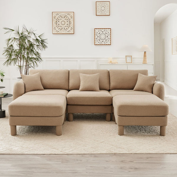 English Elm Boucle U-Shape 3-Seater Sectional Sofa With Shell Armrests & Movable Ottomans - Coffee Color Comfort W3041S00286
