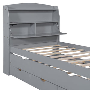 English Elm Twin LED Platform Bed with Trundle and Under-Storage Drawers, Flip-Up Headboard, USB Ports Gray N820S10008E