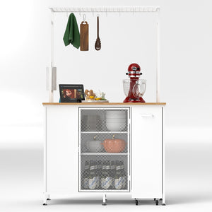 English Elm Kitchen Island with Flip up Breakfast Bar Solid Wood Top Cabinet Shelves and Hooks W2167P210778