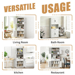English Elm 71 Inch Steel Kitchen Pantry Cabinet with Adjustable Shelves Drawer and Hooks Modern White T2398P413028
