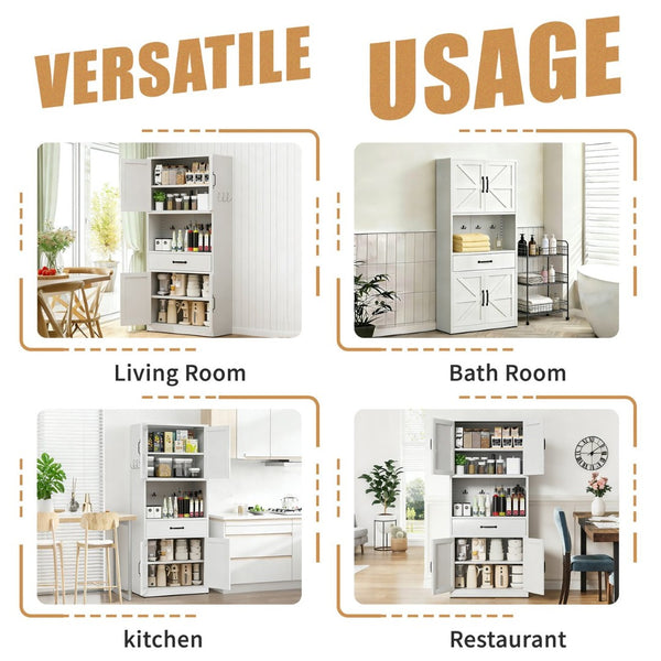 English Elm 71 Inch Steel Kitchen Pantry Cabinet with Adjustable Shelves Drawer and Hooks Modern White T2398P413028