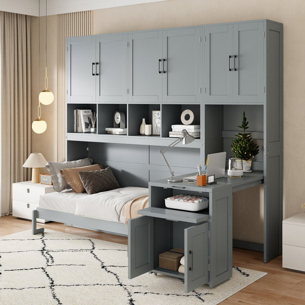 English Elm Twin Murphy Wall Bed with Integrated Closet Drawers and Desk for Studio Spaces Gray LP000595AAE-1