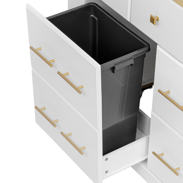 English Elm K&K Rustic Kitchen Island Cart with 6 Drawers, Pull-Out Trash Cabinet, Drop Leaf & Built-In Charging Station White N707P307292W