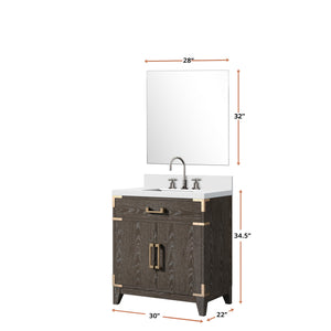 English Elm Brown Oak Single Bath Vanity Set With Cultured Marble Top, Chrome Faucet & 28" Mirror - Stylish Upgrade! B2731S02004
