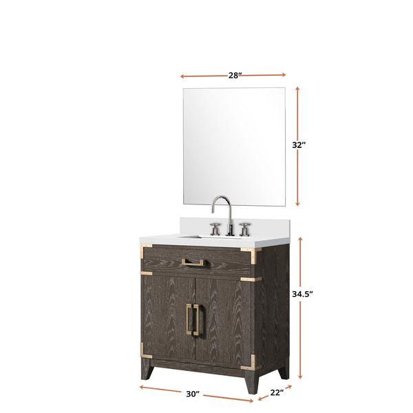 English Elm Brown Oak Single Bath Vanity Set With Cultured Marble Top, Chrome Faucet & 28" Mirror - Stylish Upgrade! B2731S02004