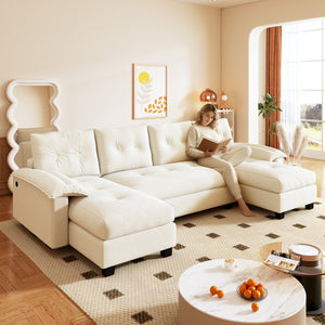 English Elm 104.7" U-Shaped Sleeper Sofa with Pull-Out Bed, Convertible Modular Sectional with Chaise, USB Ports, Chenille Upholstery Beige+White W1885S00211