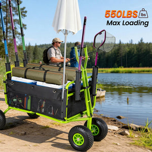 English Elm Fishing Beach Cart Collapsible Heavy Duty Wagon with All Terrain Wheels Rod Holders Green W2932P417637