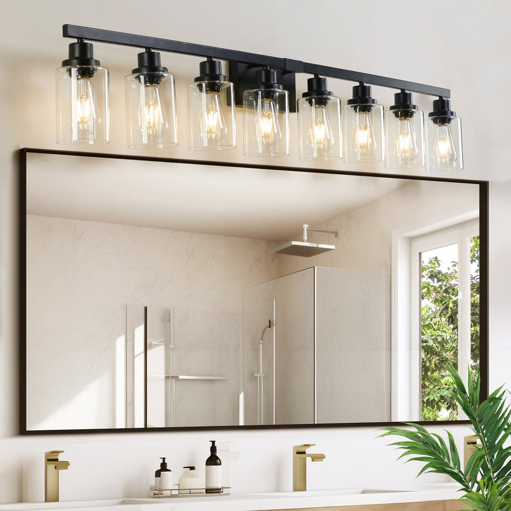 English Elm 51" Black 8-Light Vanity Light with Clear Glass Shades, Modern Iron Bathroom Wall Fixture for Mirror and Dressing Room W2312P374793