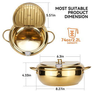 English Elm Stainless Steel Deep Frying Pot with Thermometer, Oil Drain Spout & Splash Lid for Tempura Cooking T3950P404654